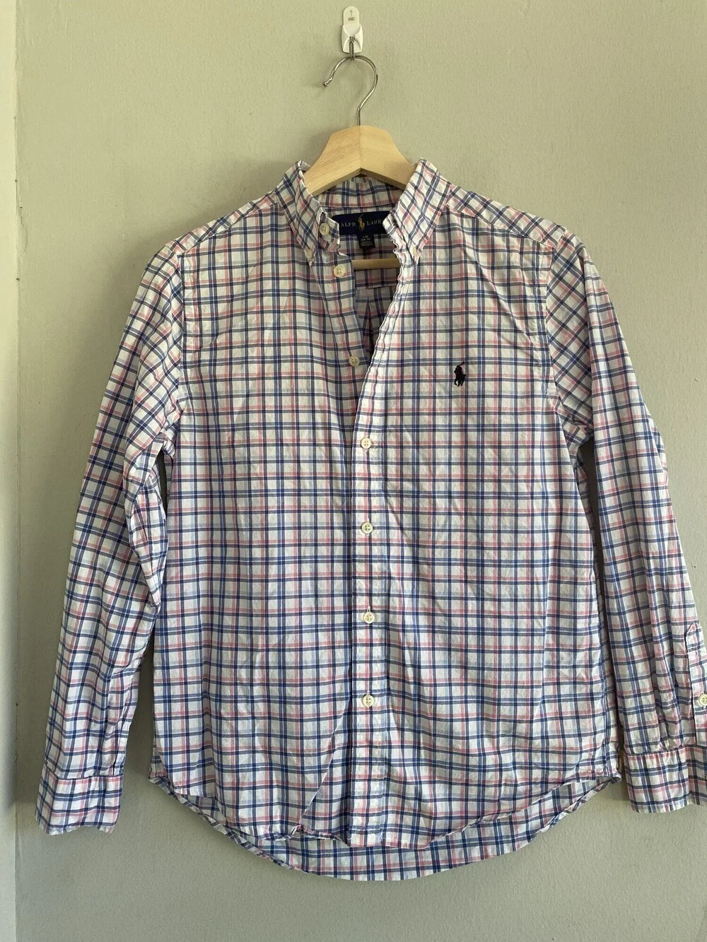 Ralph Lauren Boys Pink Blue Plaid Button Down Shirt, Spring, Easter Sz L 14-16